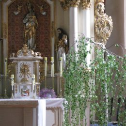 Close-up of Lekno altar decorated for Corpus Christie